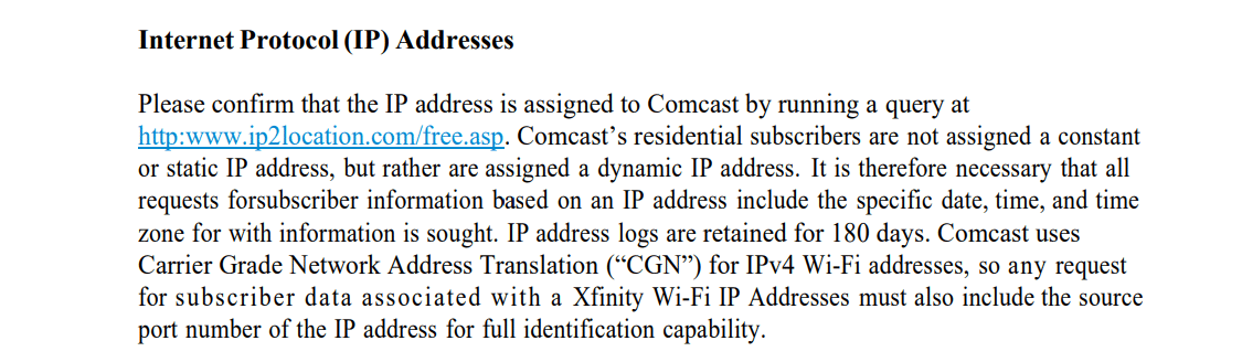comcast's 180-day IP-address retention log period