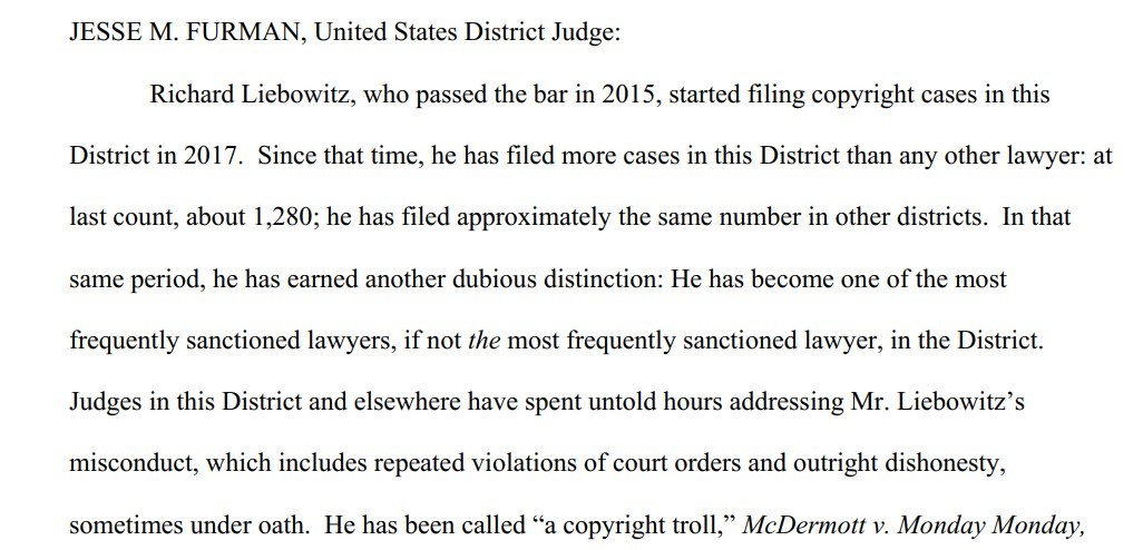 Judge Furman order sanctions against Richard Liebowitz