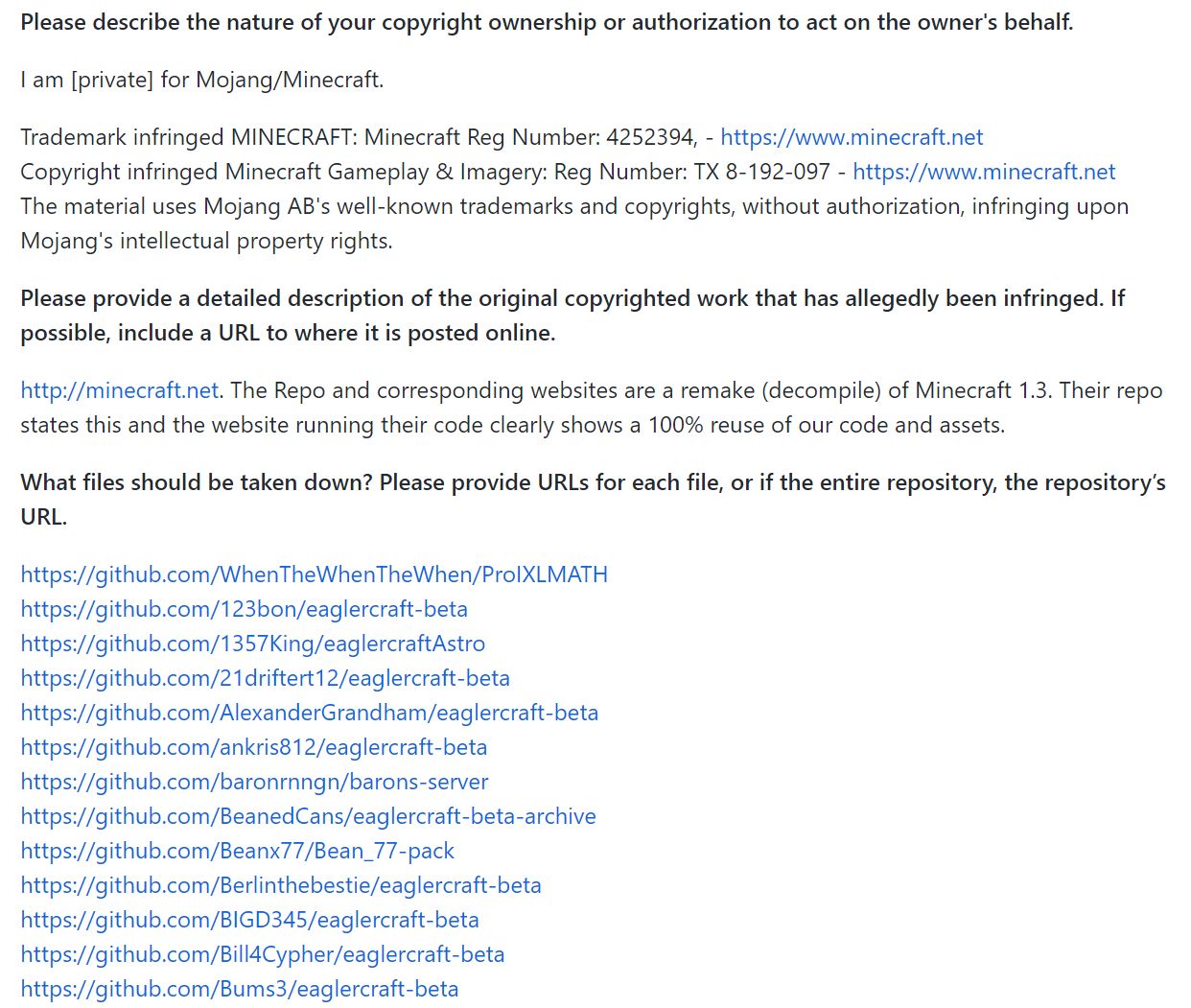 minecraft github takedown