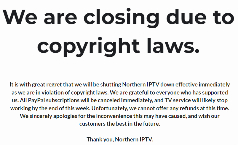 northern iptv shutdown