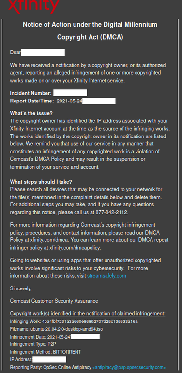 ubuntu dmca comcast