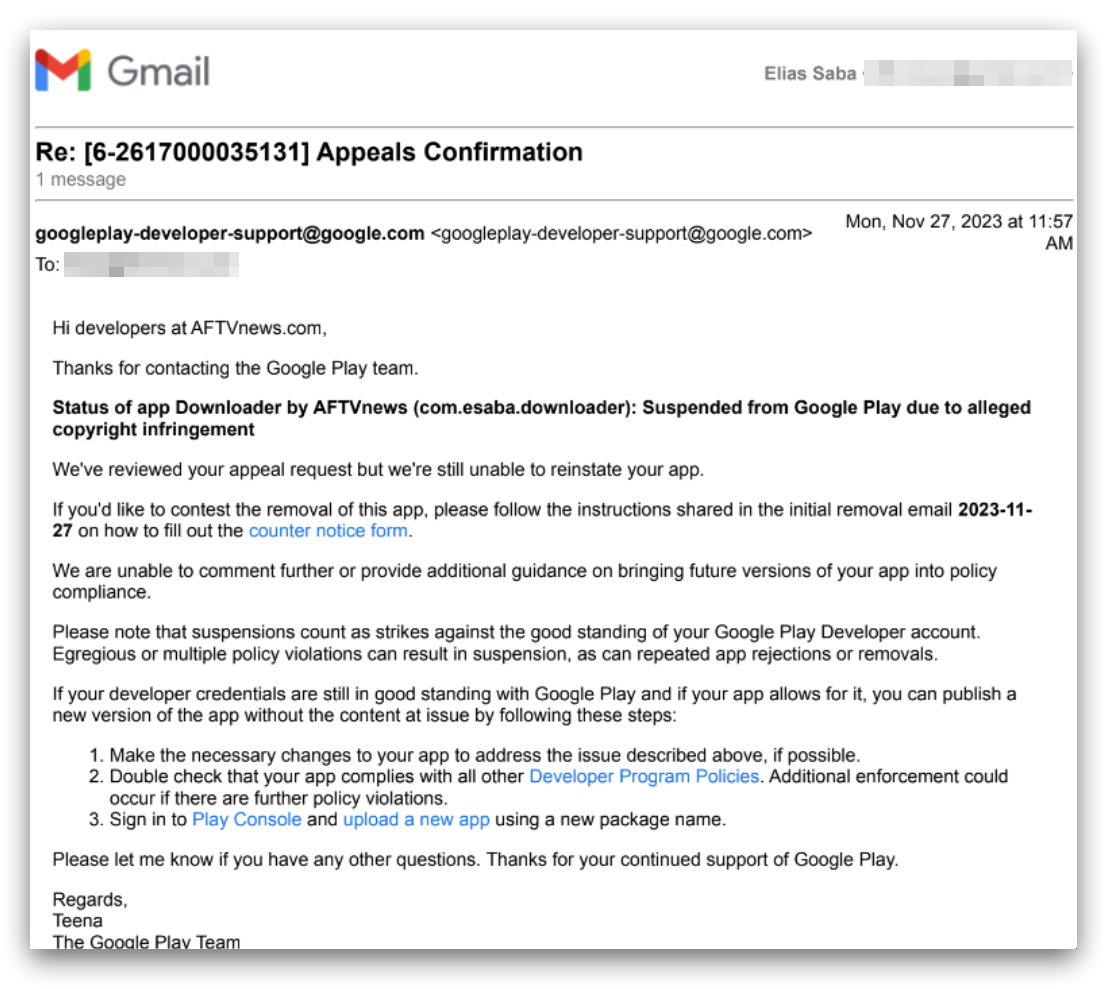 DMCA Appeal Rejected